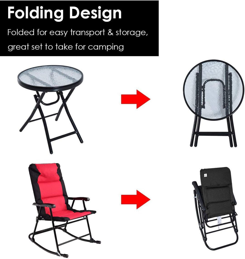 Giantex 3 PCS Folding Bistro Set Outdoor Patio Rocking Chairs Round Table Set 2 Rocking Chairs w/Glass Coffee Table for Yard, Patio, Deck, Backyard Padded Seat (Red & Black)