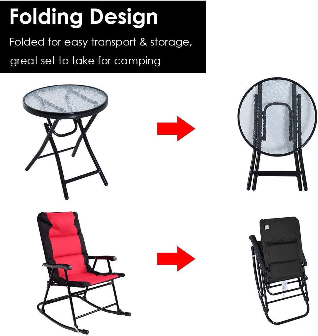 Giantex 3 PCS Folding Bistro Set Outdoor Patio Rocking Chairs Round Table Set 2 Rocking Chairs w/Glass Coffee Table for Yard, Patio, Deck, Backyard Padded Seat (Red & Black)