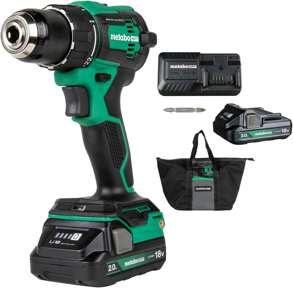 Metabo HPT 18V MultiVolt 1/2' Cordless Brushless Driver Drill Kit, High Power Drill Set with Bag, 2 Lithium-Ion Metabo Batteries and Charger, Compact Lightweight Power Driver, DS18DEX