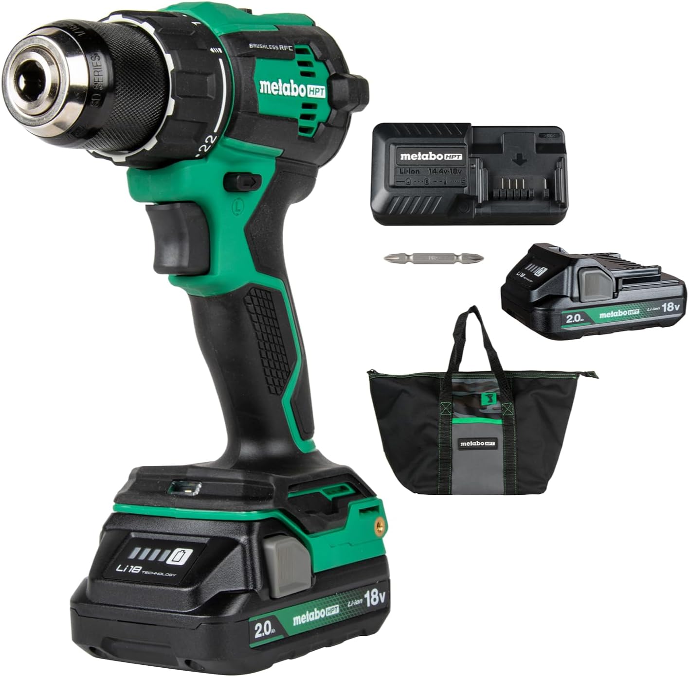Metabo HPT 18V MultiVolt 1/2' Cordless Brushless Driver Drill Kit, High Power Drill Set with Bag, 2 Lithium-Ion Metabo Batteries and Charger, Compact Lightweight Power Driver, DS18DEX
