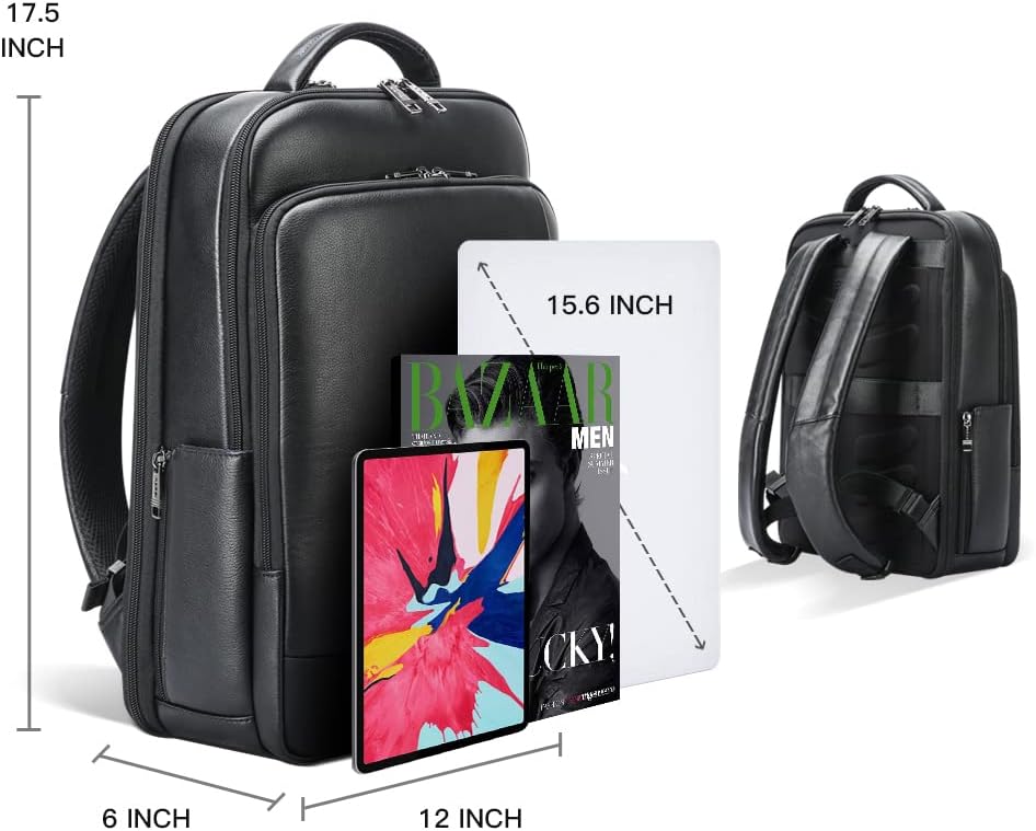 BOPai Genuine Leather Backpack for Men Multi-Function Backpack 15.6 inch Business Laptop Backpack Travel Smart Rucksack with USB Charging Anti Theft Backpack Office Black