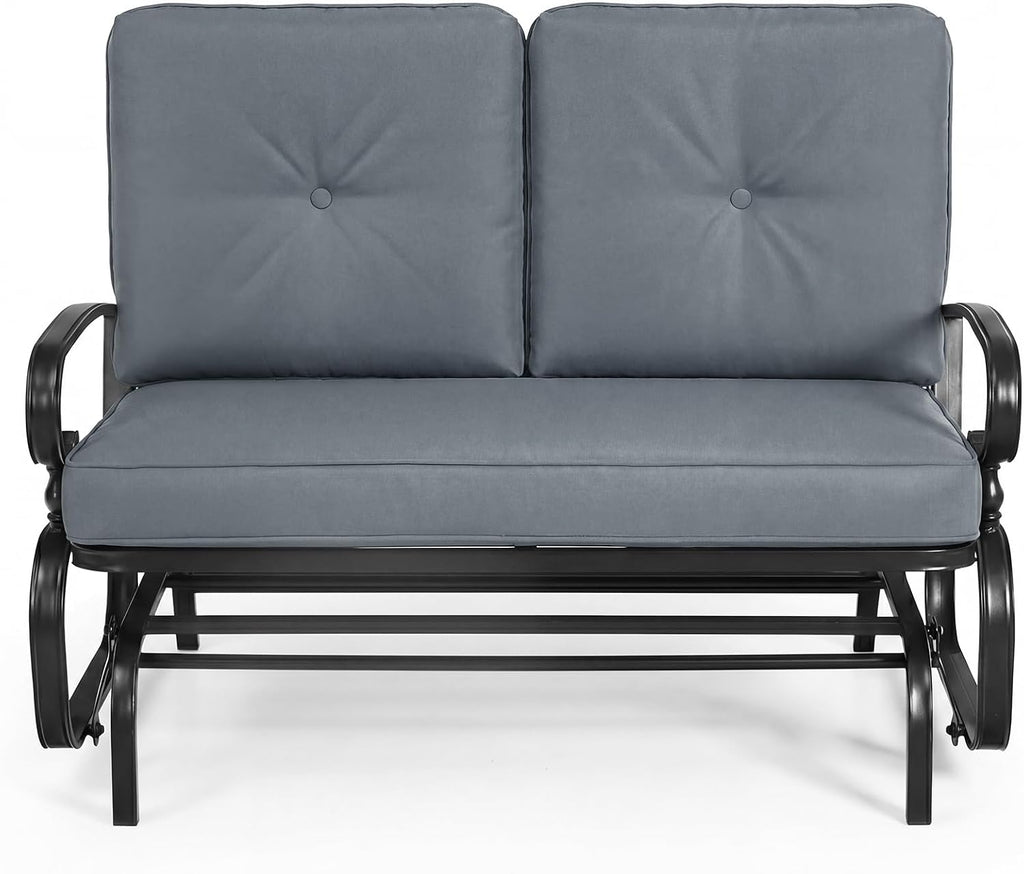Giantex Outdoor Glider Bench, Patio 2 Person Loveseat with Removable Cushion, Thick Padded Seat, Stable Steel Frame, 400Lbs Capacity, Outside Glider Swing Chair for Deck, Poolside, Yard, Porch (Grey)