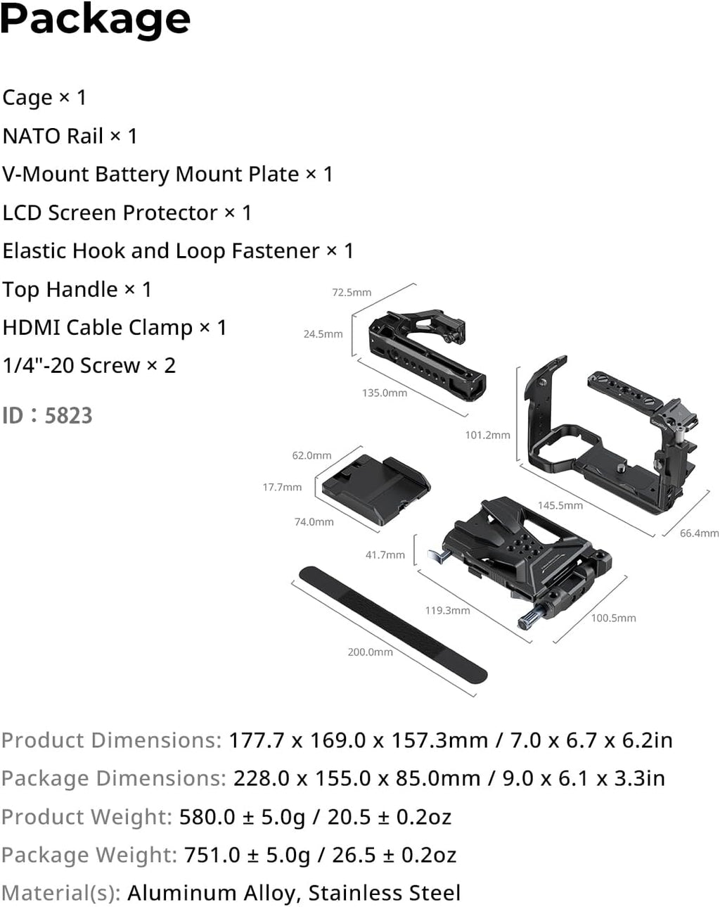 SmallRig Cage Kit for Sony FX3 / FX30 with Cage, V-Mount Battery Mount Plate, LCD Screen Protector, Top Handle, Cable Clamp for HDMI, NATO Rail - 5823