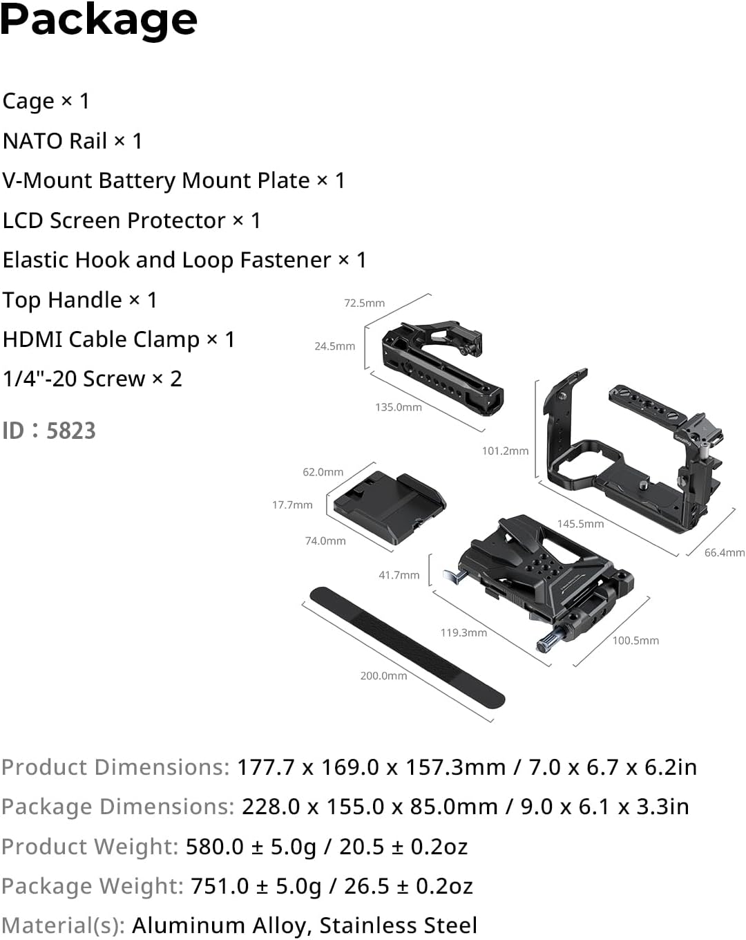 SmallRig Cage Kit for Sony FX3 / FX30 with Cage, V-Mount Battery Mount Plate, LCD Screen Protector, Top Handle, Cable Clamp for HDMI, NATO Rail - 5823
