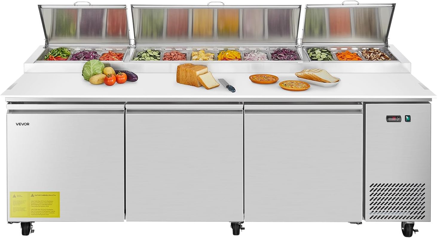 VEVOR 93'W Commercial Refrigerator, Pizza Prep Refrigerated Table, 19.3' Ultra Wide Countertop Food Prep Cooler, 30.8 Cu.Ft Single Door Salad Prep Fridge, 12 Pans Pizza Make Worktop with Cutting Board