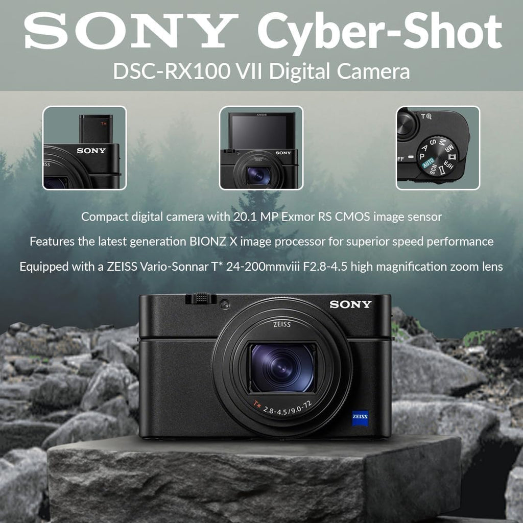 Sony Cyber-Shot RX100 VII Digital Camera, 20.1MP 1' Stacked CMOS Sensor, ZEISS Vario-Sonnar T 24-200mm f/2.8-4.5 Lens, 4K Video, Bundle with 64GB SD Card, Camera Bag, Sony 1-Year Warranty