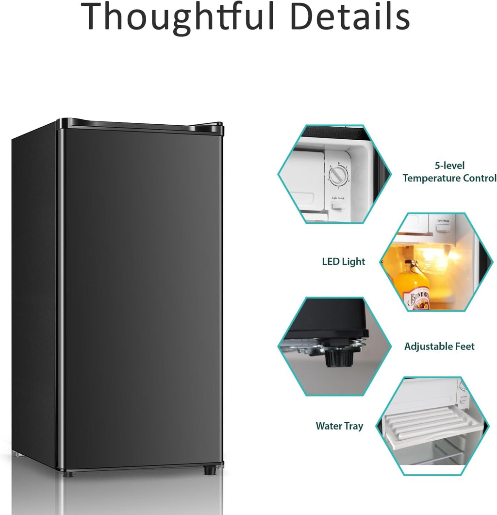 Seaoola Mini Fridge with Freezer, Single Door 3.1 Cu.Ft, Compact Mini Refrigerator, LED Light, Adjustable Thermostat, Removable Glass Shelves, Small Refrigerator for Dorm/Office/Bedroom(Black) (Black)