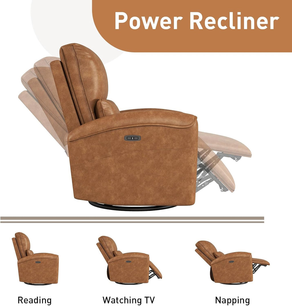 Bonzy Home Power Swivel Rocker Recliner Chair with USB Port, 23.2' Wide Seat, Fixed Lumbar Support, Upholstered Glider Chair for Nursery Living Room, Brown