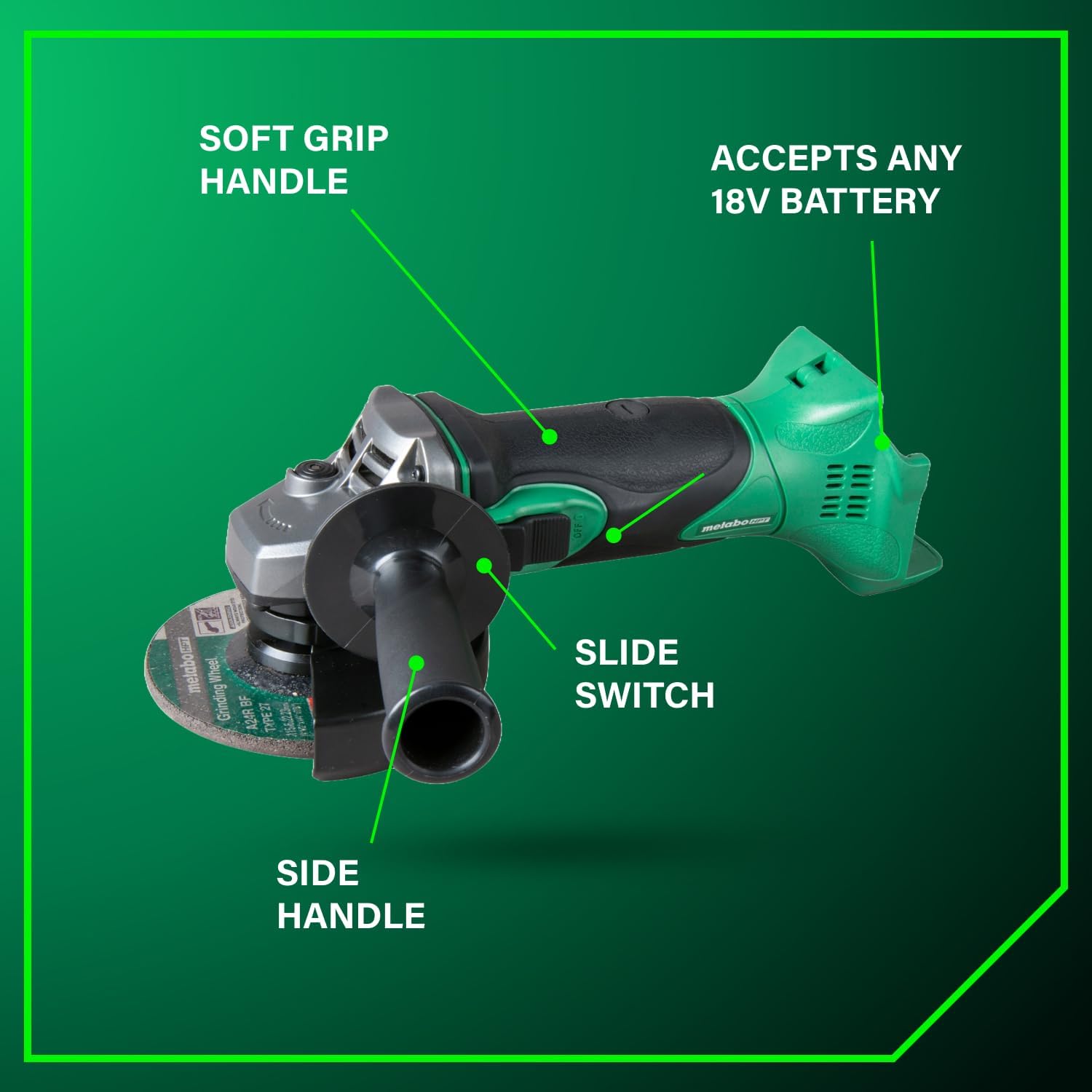 Metabo HPT 18V MultiVolt 4-1/2 Inch Slide Switch Power Angle Grinder Kit, High Torque Motor Power Tool with Battery Charge Indicator, Soft Grip Handle, Safety Features, G18DSL2Q4