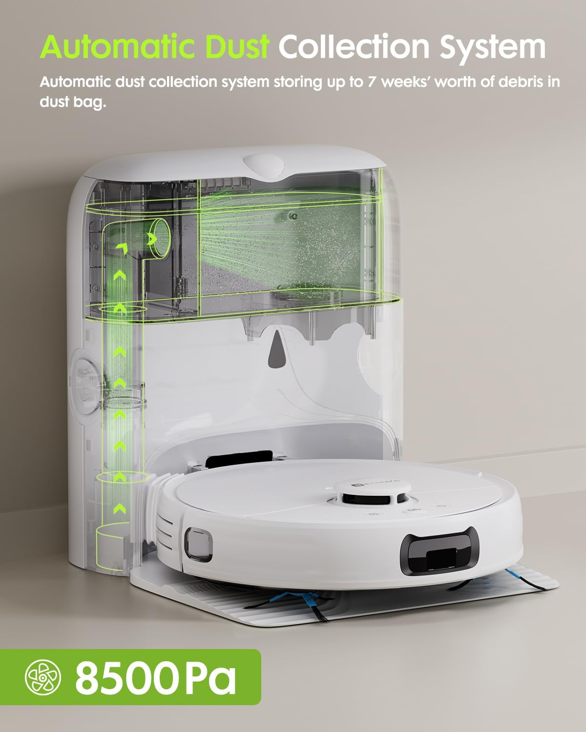 V5 Robot Vacuum and Mop, Self-Emptying Robotic Vacuum Cleaner, 8500Pa Suction, Pet Hair Tangle Cutter, Laser Navigation, Cat Laser, Carpet Detection, Ideal for Hard Floor, Tile, and Carpet