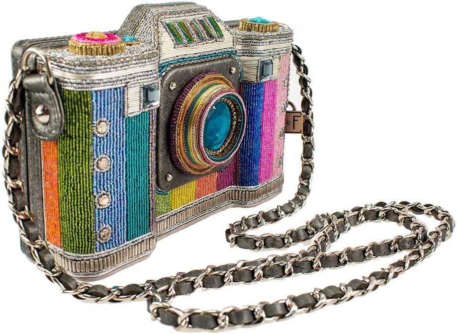 Mary Frances Life in Color Beaded Handbag – Camera-Themed Crossbody with Magnetic Closure for Travel, Weddings, Parties – Multicolor