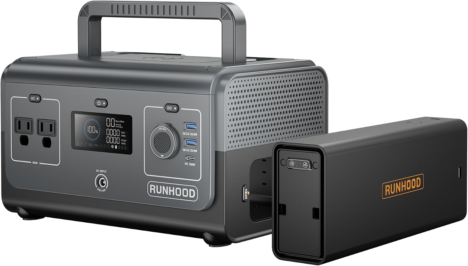RUNHOOD Portable Power Station Rallye 600 Mini, 324WH Swappable&Replaceable Batteries, 2X600W(Peak 1200) Pure Sine Wave AC Outlet Modular Solar Generator for Camping/Emergency/RVs/CPAP/Home Use
