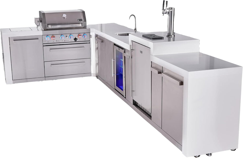 Mont Alpi Premium 4-Burner 82'x161' L-Shaped 400 Deluxe Stainless Steel Modular Outdoor Kitchen Island BBQ Grill + Beverage Center Refrigerator Faucet & Sink + Kegerator + Storage Drawers & Cabinets