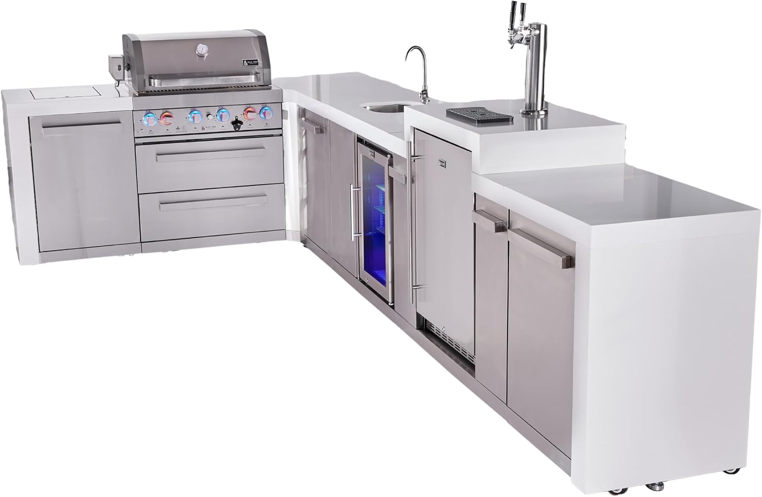 Mont Alpi Premium 4-Burner 82'x161' L-Shaped 400 Deluxe Stainless Steel Modular Outdoor Kitchen Island BBQ Grill + Beverage Center Refrigerator Faucet & Sink + Kegerator + Storage Drawers & Cabinets