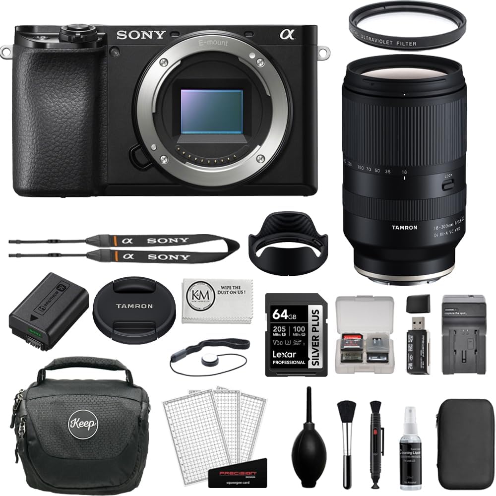 Sony Alpha a6100 Mirrorless Digital Camera Body Bundle with Tamron 18-300mm f/3.5-6.3 Zoom Lens + 64GB Memory Card + UV Filter + Charger + KC-25 Camera Bag + Cleaning Kit + Cloth