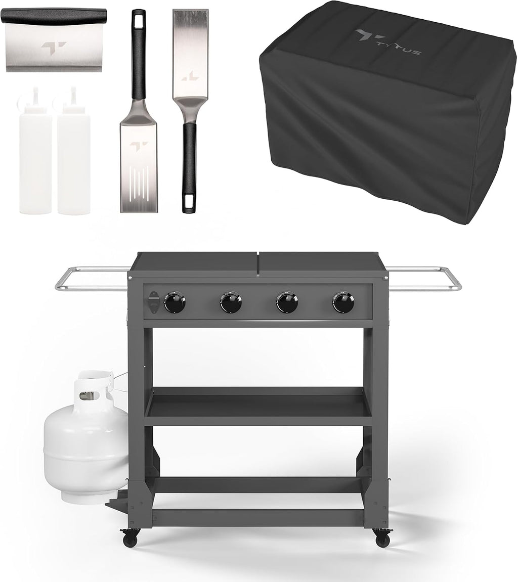 Tytus Fresno 48,000 BTU Flat Top Griddle Grill for Outdoors Includes Key Propane Flattop Grill Accessories: Cover, 2 Spatulas, 2 Bottles & Griddle Scrapper, 4 Burners Evenly Heat Flat Grills