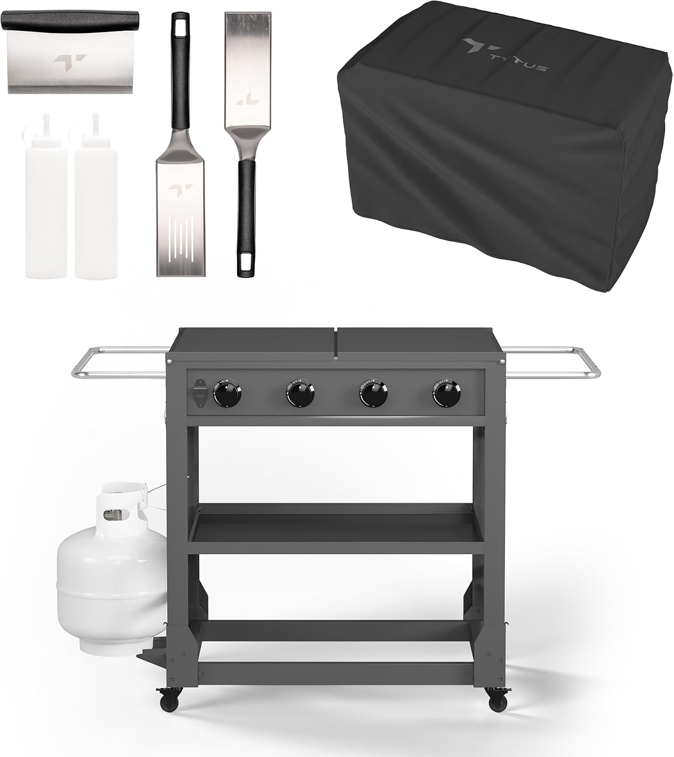 Tytus Fresno 48,000 BTU Flat Top Griddle Grill for Outdoors Includes Key Propane Flattop Grill Accessories: Cover, 2 Spatulas, 2 Bottles & Griddle Scrapper, 4 Burners Evenly Heat Flat Grills