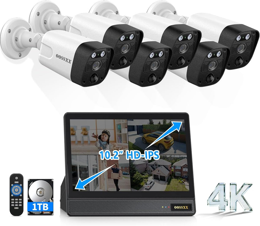 OOSSXX (2026 New) 4K PoE Security Camera System Outdoor, 8CH NVR with 10' IPS Monitor & 1TB HDD, 6 Cameras, 130° Wide Angle, AI Human Detection, Two-Way Audio, No Monthly Fee