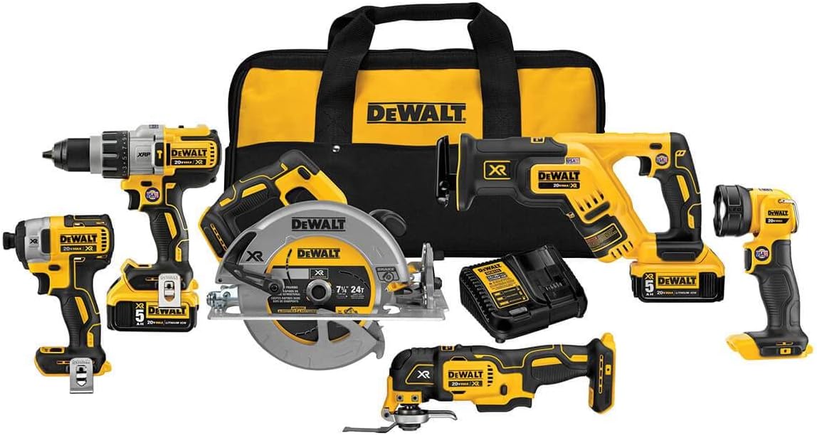 DEWALT Power Tools Set 20V MAX, 6 Tools Cordless Power Tool Combo Kit , 2 Batteries, Charger, Hammer Drill Driver, Impact Driver, Circular Saw, Reciprocating Saw, Oscillating Multi-Tool,LED (DCK694P2)