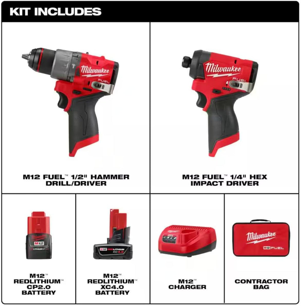 Milwaukee M12 FUEL 12-Volt Li-Ion Brushless Cordless Hammer Drill and Impact Driver Combo Kit (2-Tool) W/Free M12 3/8 in. Ratchet