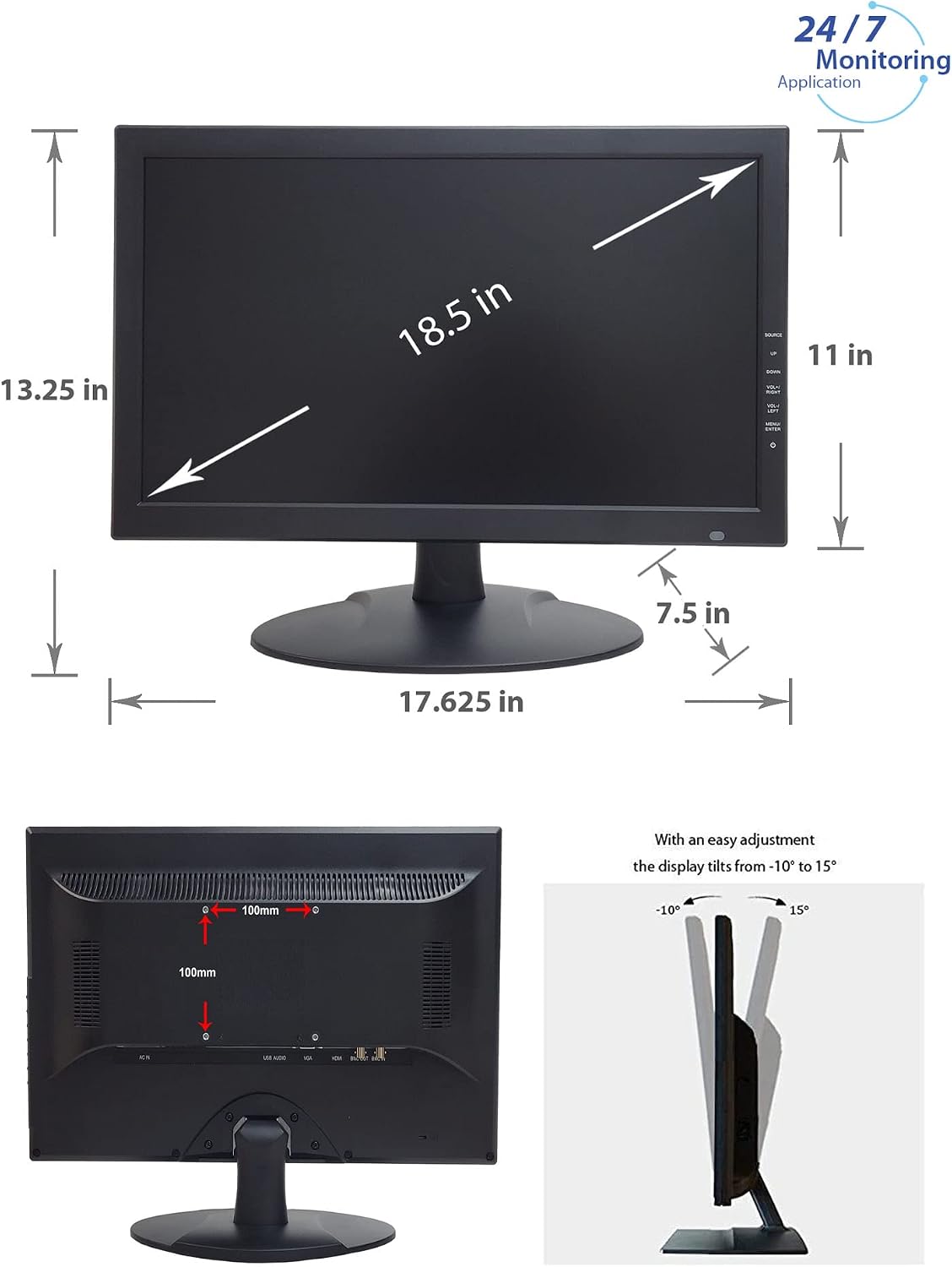 101AV 18.5 LED Security Monitor accept downscaled (SSAA) Ultra HD 4K image on HDMI, BNC Input/Output, Build in Speaker, VESA mount for CCTV camera DVR Home Office 24/7 Surveillance