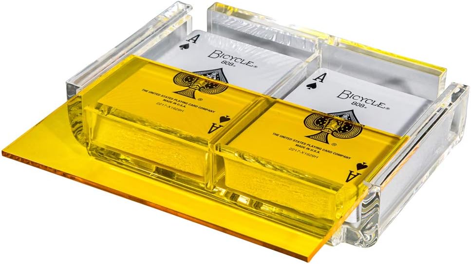Modern Elegant Playing Card Deck Holder Tray with 2 Decks of Playing Cards in Unique Stylish Deluxe Acrylic Box with Color lid (Yellow)