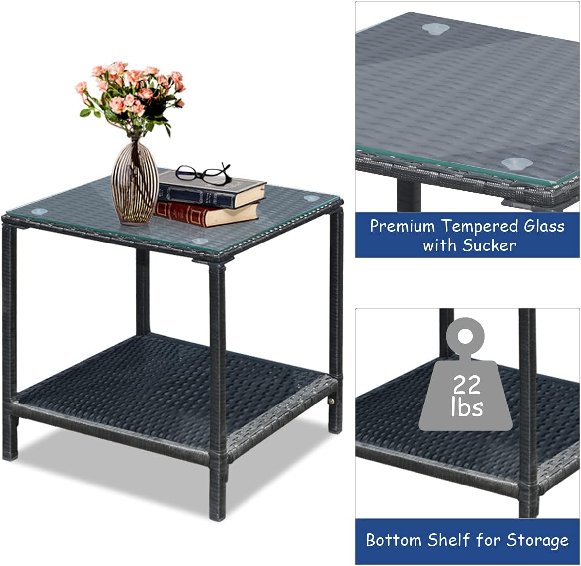 Tangkula 3 Pieces Patio Wicker Rocking Bistro Set, Outdoor Rocking Chair Furniture with Cushioned Seat, Conversation Set with Glass Coffee Table and Storage Shelf (Navy Blue)