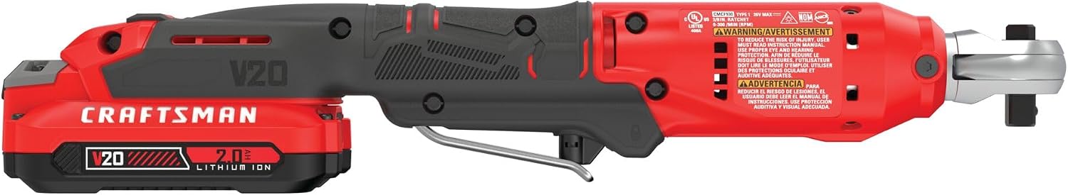 CRAFTSMAN V20 Cordless Ratchet Wrench Kit, 3/8 inch Drive, 300 RPM, up to 35 ft-lbs of Torque, Battery and Charger Included (CMCF930D1)