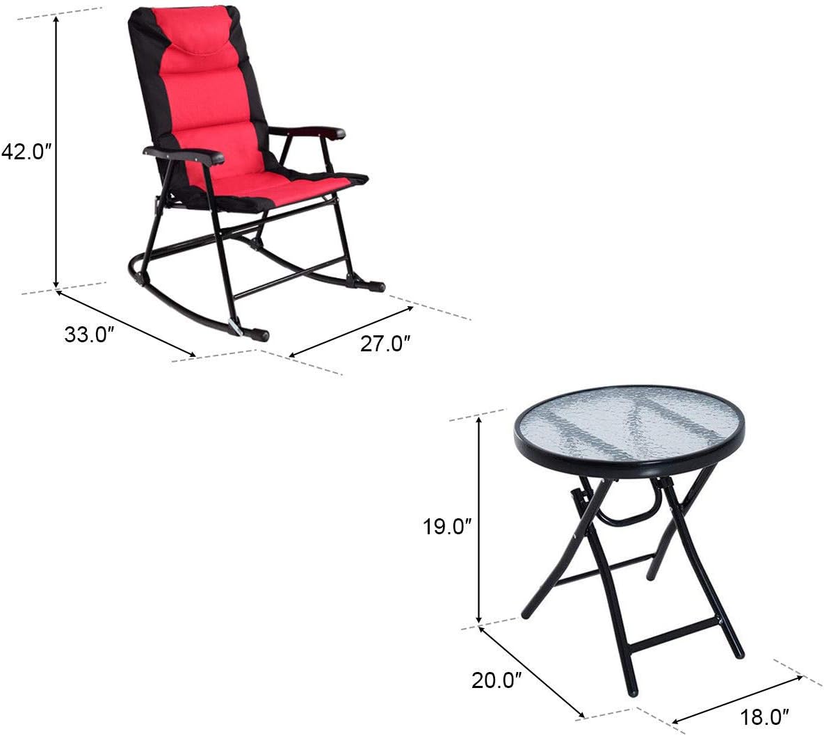 Giantex 3 PCS Folding Bistro Set Outdoor Patio Rocking Chairs Round Table Set 2 Rocking Chairs w/Glass Coffee Table for Yard, Patio, Deck, Backyard Padded Seat (Red & Black)
