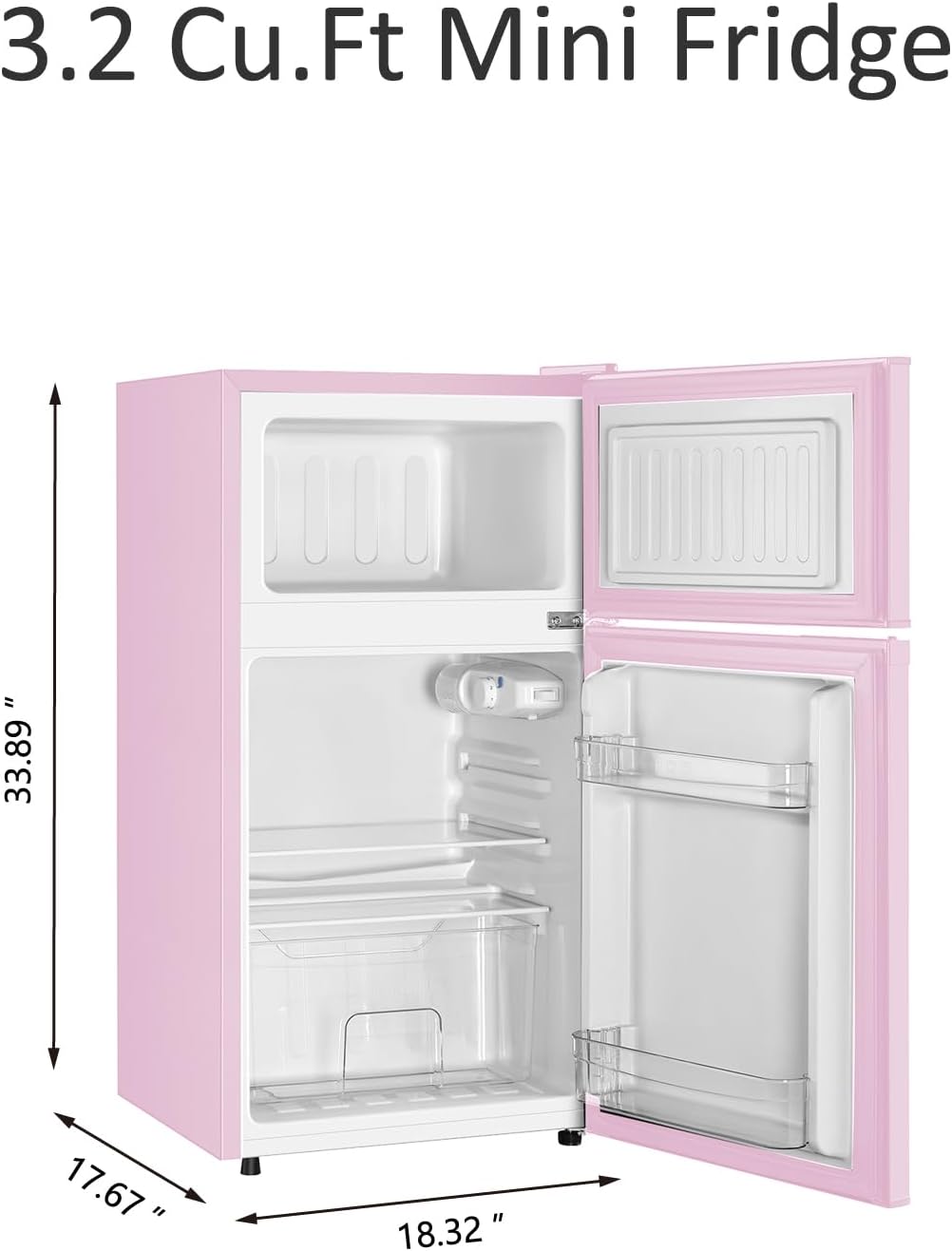 Saeoola Mini Fridge with Freezer, 3.2 Cu.Ft, 2 Doors Compact Mini Refrigerator with Separate Freezer for Dorm, Bedroom, Office, Apartment with 7-Level Temperature Control, Removable Shelves (Pink)