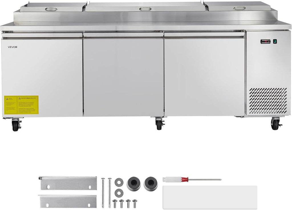 VEVOR 93'W Commercial Refrigerator, Pizza Prep Refrigerated Table, 19.3' Ultra Wide Countertop Food Prep Cooler, 30.8 Cu.Ft Single Door Salad Prep Fridge, 12 Pans Pizza Make Worktop with Cutting Board
