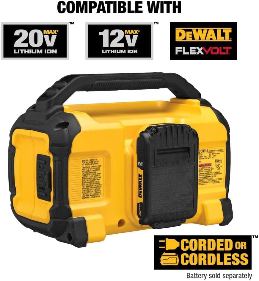 DEWALT 20V MAX Bluetooth Speaker, 100 ft Range, Durable for Jobsites, Phone Holder Included, Lasts 8-10 Hours with Single Charge (DCR010)