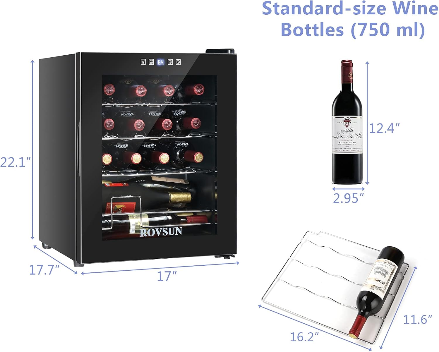 ROVSUN 16 Bottle Wine Cooler Refrigerator, Freestanding Compressor Wine Chiller, Beverage Wine Fridge with Digital Temperature Control & Double-layer Glass Door for Red White Wine, Champagne, Beer