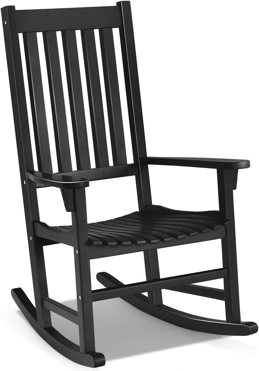 Giantex Rocking Chair Acacia Wood Frame Outdoor& Indoor for Garden, Lawn, Balcony, Backyard and Patio Porch Rocker (1, Black)