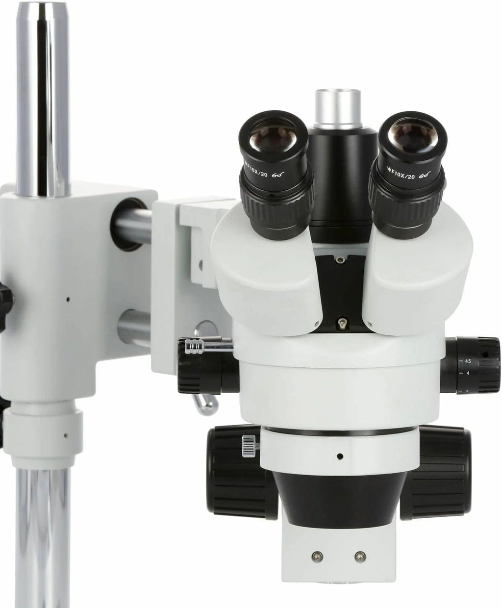 AmScope SM-4TZZ-144A Professional Trinocular Stereo Zoom Microscope, WH10x and WH20x Eyepieces, 3.5X-180X Magnification, 0.7X-4.5X Zoom Objective, Ambient Lighting, Double-Arm Boom Stand, Includes 0.5X and 2.0X Barlow Lens