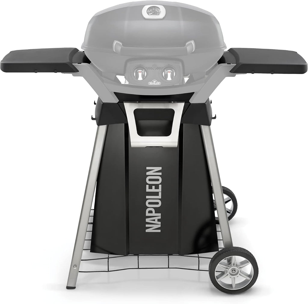 Napoleon BBQ Grill Accessory, TravelQ Stand for PRO285, Stainless Steel Condiment Tray, Integrated Bottle Opener, Concealed Propane Storage, Removable Side Shelves, All-Season Wheels
