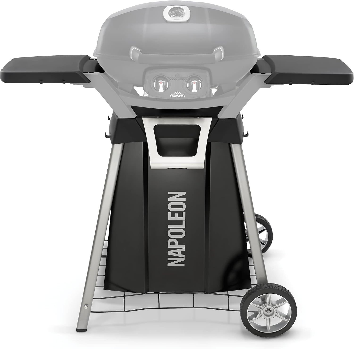 Napoleon BBQ Grill Accessory, TravelQ Stand for PRO285, Stainless Steel Condiment Tray, Integrated Bottle Opener, Concealed Propane Storage, Removable Side Shelves, All-Season Wheels