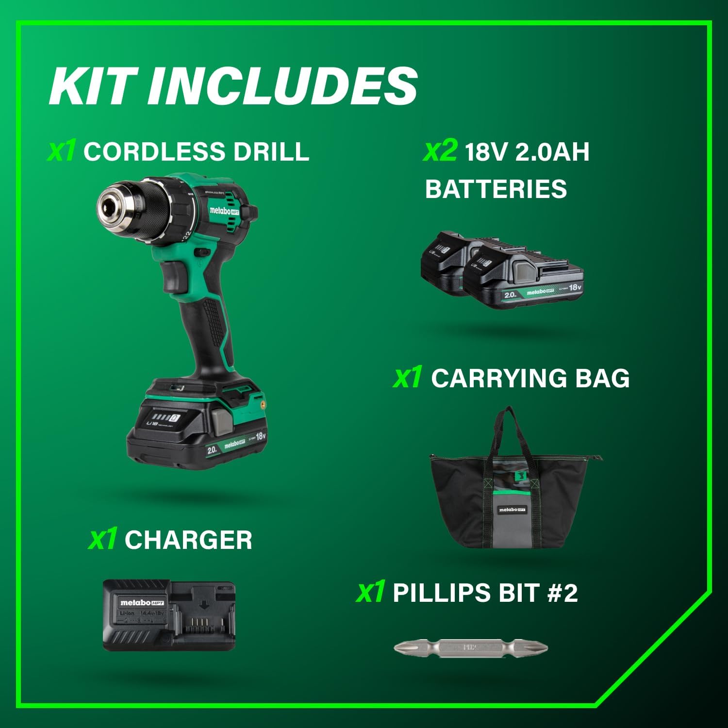 Metabo HPT 18V MultiVolt 1/2' Cordless Brushless Driver Drill Kit, High Power Drill Set with Bag, 2 Lithium-Ion Metabo Batteries and Charger, Compact Lightweight Power Driver, DS18DEX