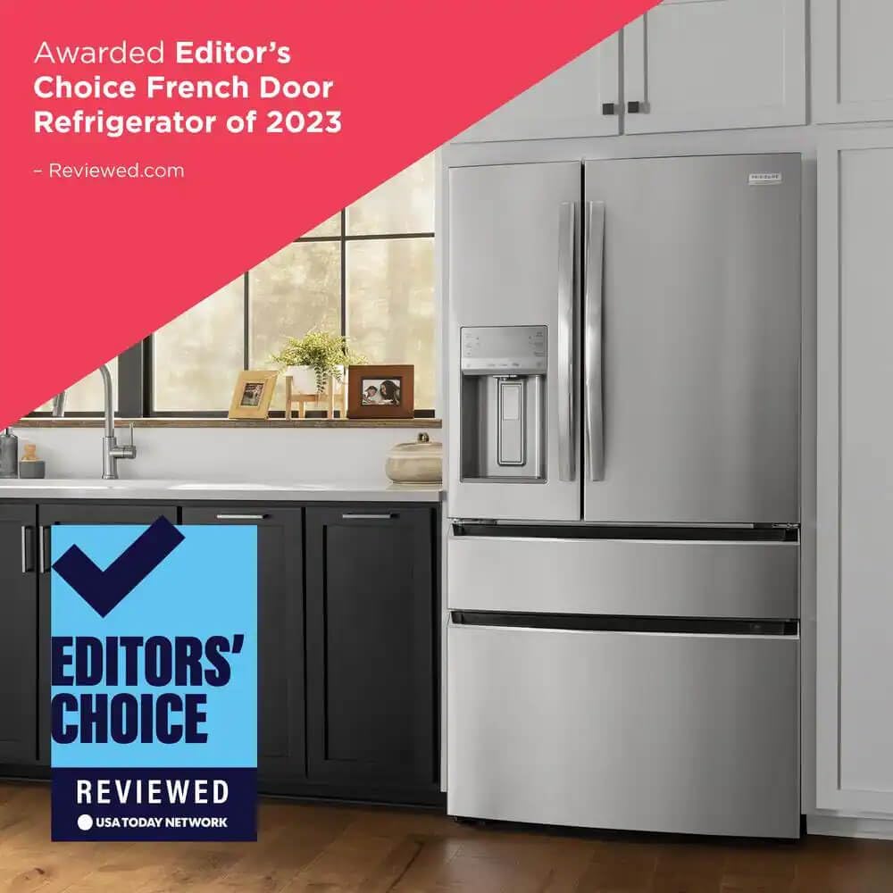 Frigidaire Gallery 21.5 cu ft Counter-Depth 4-Door French Door Refrigerator – 36″ Width, External Ice & Water Dispenser, Convertible Temp Drawer, Smudge-Proof Black Stainless Steel (Model GRMC2273CD)