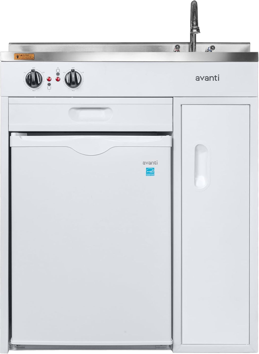 Avanti CK3016 Energy Star Certified Full Compact Kitchen, Built in Kitchenette Stainless Steel Counter, Two Element Cooking Range, Refrigerator & Storage, 30-Inch, White