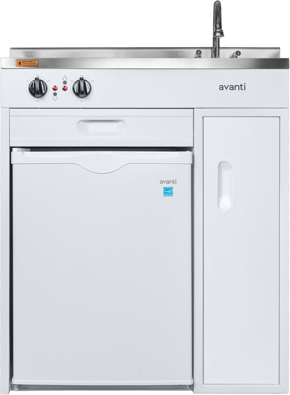 Avanti CK3016 Energy Star Certified Full Compact Kitchen, Built in Kitchenette Stainless Steel Counter, Two Element Cooking Range, Refrigerator & Storage, 30-Inch, White