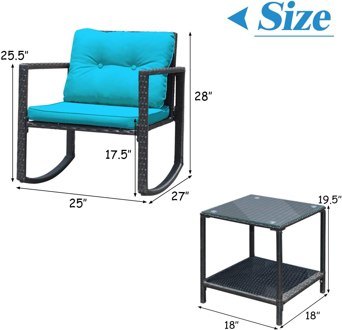 Tangkula 3 Pieces Patio Wicker Rocking Bistro Set, Outdoor Rocking Chair Furniture Set w/Cushioned Seat, Conversation Set w/Glass Coffee Table and Storage Shelf (Turquoise)