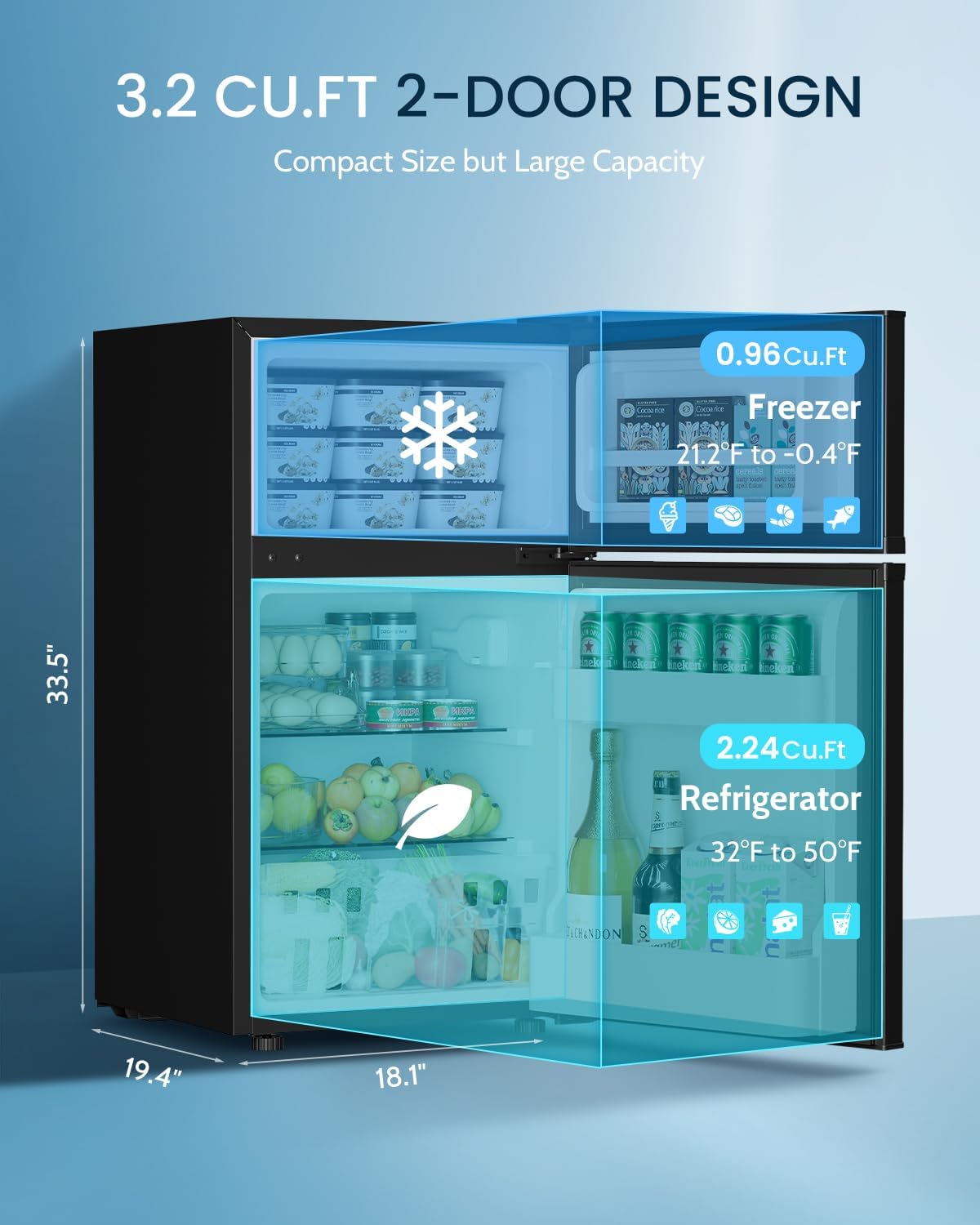 Feelfunn 3.2 Cu.Ft Mini Fridge with Freezer - 2 Door Small Refrigerator, Mini Refrigerator with Adjustable Thermostat, Removable Shelves, Mini Fridge for Bedroom, Office, Dorm, Apartment, Silver