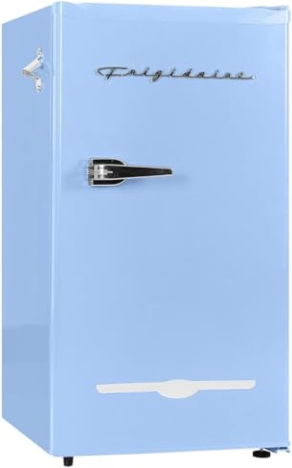 Frigidaire Retro Compact Fridge with Chiller, 3.2 cu ft Countertop Fridge with Built-In Bottle Opener, Compact Refrigerator for Office, Bedroom, Dorm Room or Cabin - 16.5' D x 19' W x 31' H (Blue)