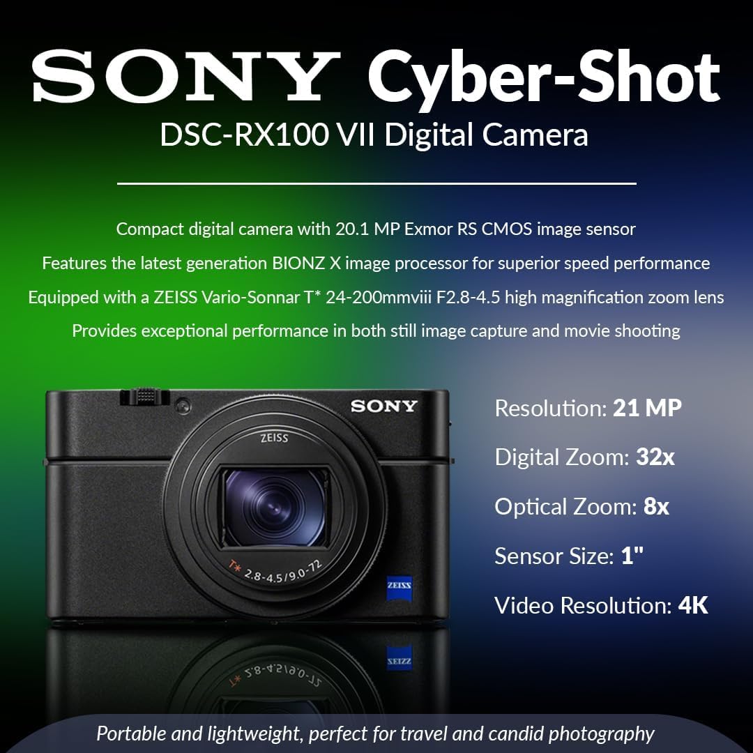 Sony Cyber-Shot RX100 VII Digital Camera, 20.1MP 1' Stacked CMOS Sensor, ZEISS Vario-Sonnar T 24-200mm f/2.8-4.5 Lens, 4K Video, Bundle with 64GB SD Card, Camera Bag, Sony 1-Year Warranty
