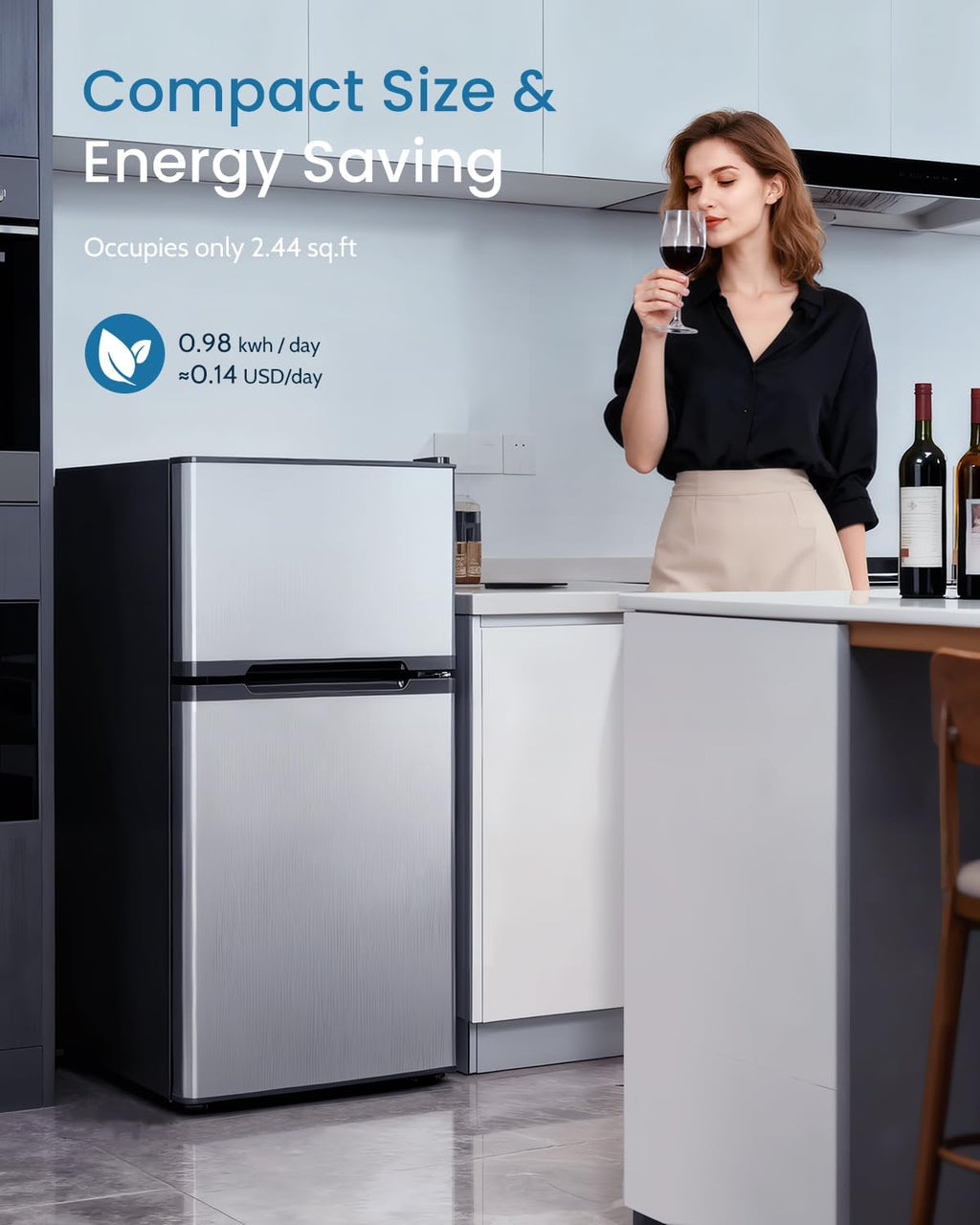 Feelfunn 3.2 Cu.Ft Mini Fridge with Freezer - 2 Door Small Refrigerator, Mini Refrigerator with Adjustable Thermostat, Removable Shelves, Mini Fridge for Bedroom, Office, Dorm, Apartment, Silver