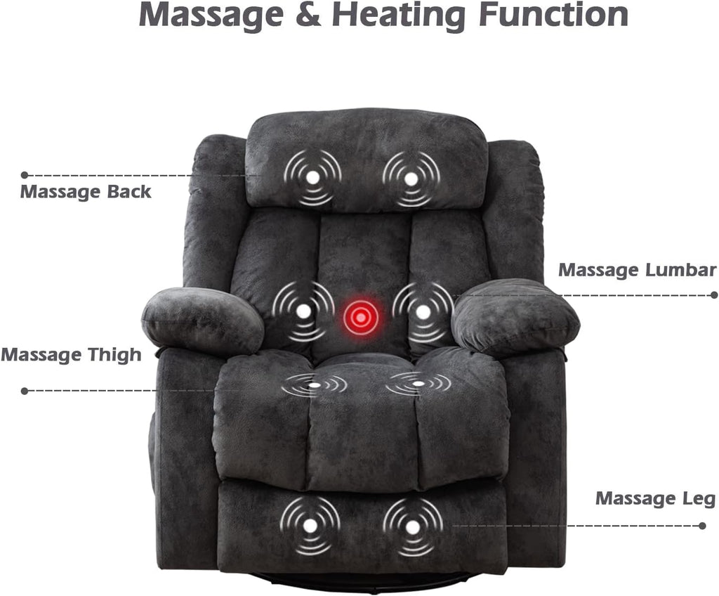 CANMOV Massage Swivel Rocker Recliner Chair with Heat and Vibration,360 Degree Manual Swivel Rocking Recliners with Side Pocket, Comfy Fabric Single Sofa Reclining Chair for Living Room, Grey