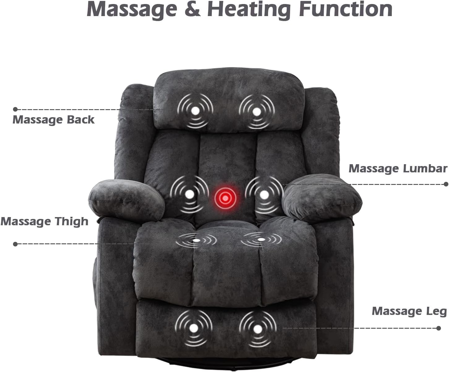 CANMOV Massage Swivel Rocker Recliner Chair with Heat and Vibration,360 Degree Manual Swivel Rocking Recliners with Side Pocket, Comfy Fabric Single Sofa Reclining Chair for Living Room, Grey