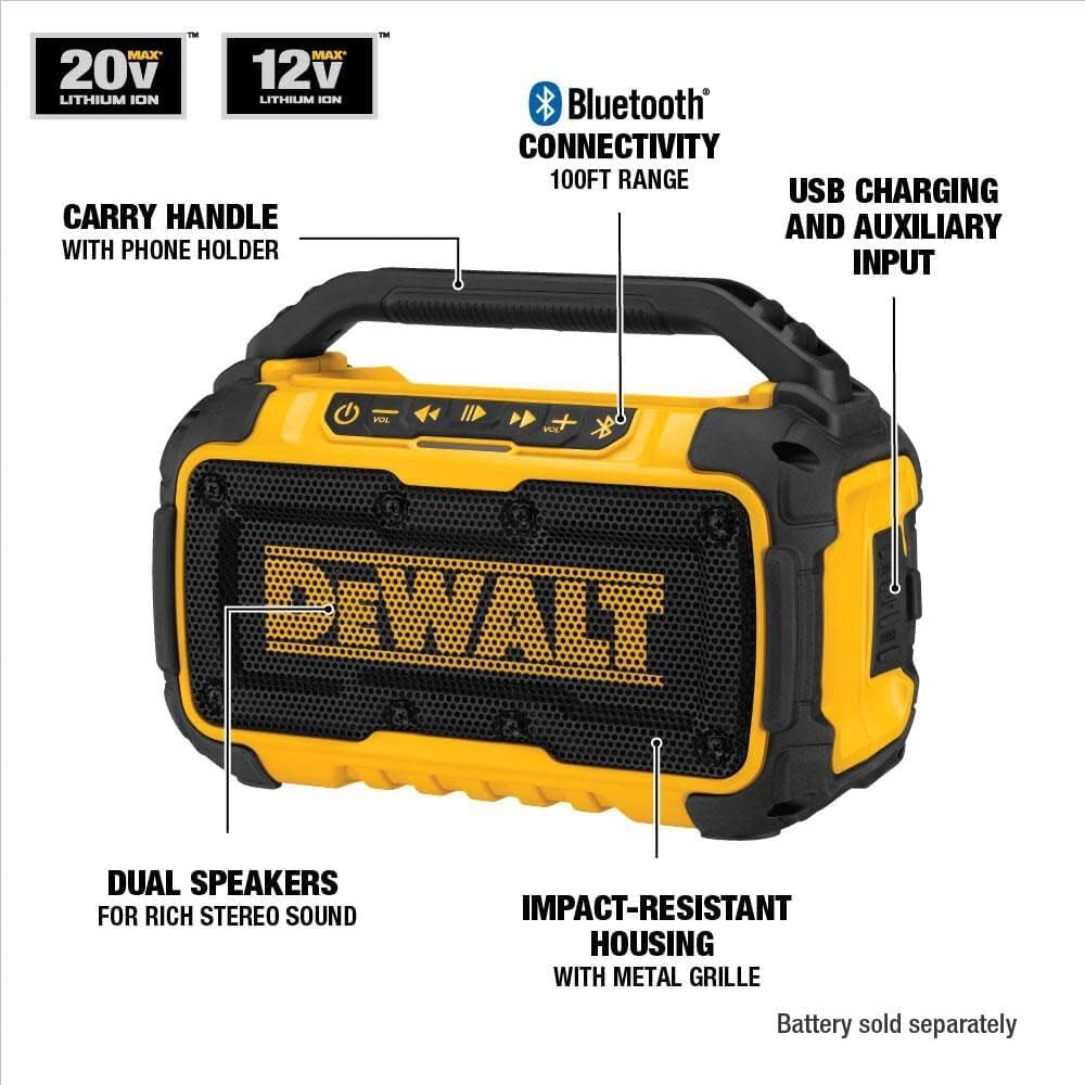 DEWALT 20V MAX Bluetooth Speaker, 100 ft Range, Durable for Jobsites, Phone Holder Included, Lasts 8-10 Hours with Single Charge (DCR010)