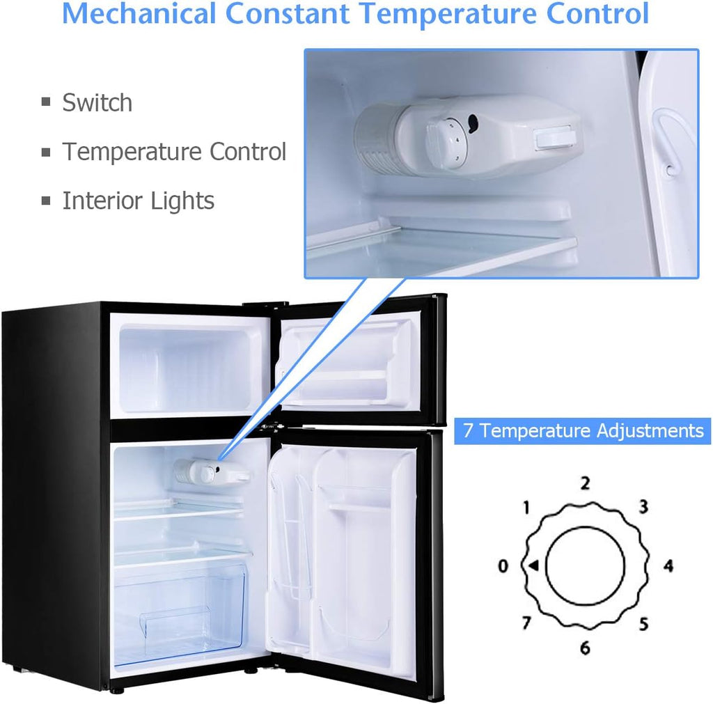 COSTWAY Mini Fridge with Freezer, 3.2 Cu.ft. 2-Door Mini Freezer Cooler Fridge w/Reversible Door, Removable Glass Shelves, Mechanical Control, Small Refrigerator for Bedroom, Dorm, Office (Black)
